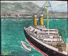 1950's French Signed Modernist Oil Painting Large Ship off the Coastline