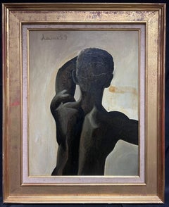 1950's French Signed Oil Painting Male Nude Back Portrait Muscular Male framed
