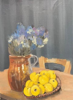 1950's French Still Life Interior with Blue Flowers & Yellow Fruit