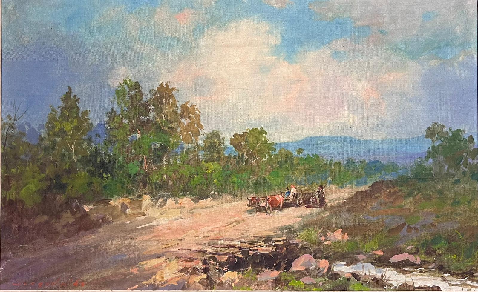 1960's French Oil Oxen & Cart in Sun Scorched South of France Landscape - Painting by French Mid Century 
