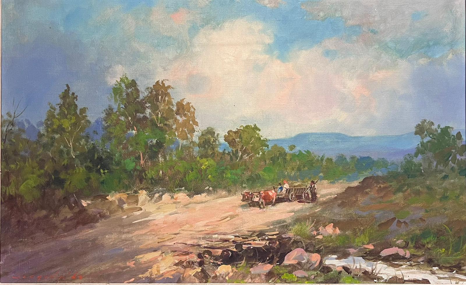 Olio francese del 1960: buoi e carro in un paesaggio del sud della Francia bruciato dal sole - Painting di French Mid Century 