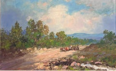 1960's French Oil Oxen & Cart in Sun Scorched South of France Landscape