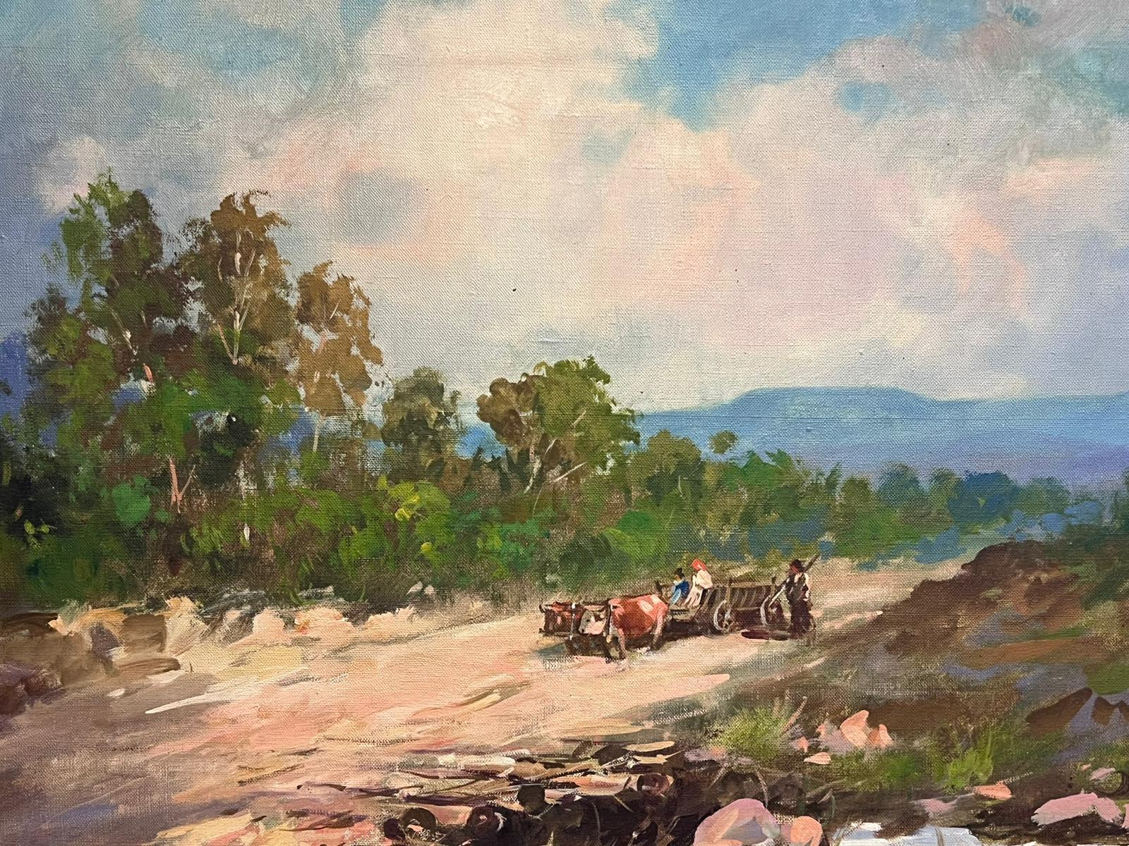 1960's French Oil Oxen & Cart in Sun Scorched South of France Landscape - Brown Landscape Painting by French Mid Century 