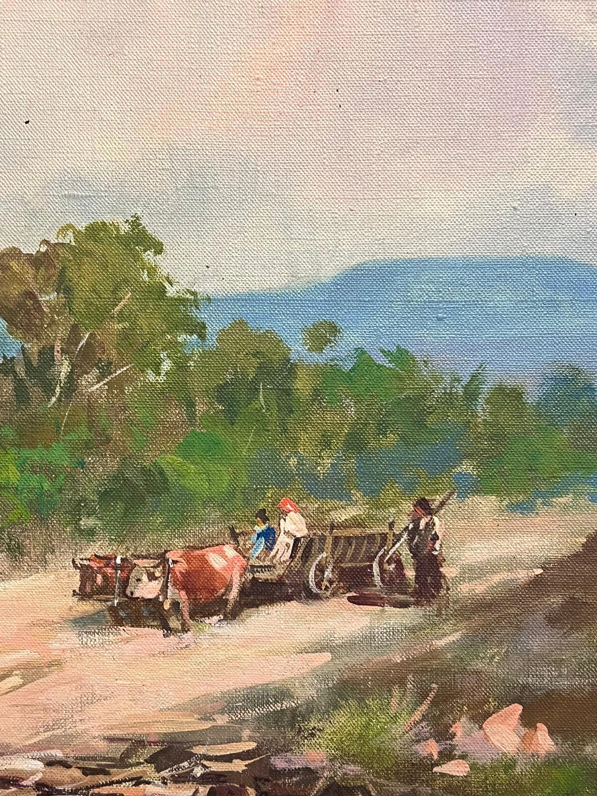 1960's French Oil Oxen & Cart in Sun Scorched South of France Landscape For Sale 3