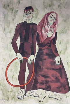 Grande peinture à l'huile moderniste française des années 1950, signée Portrait Two Acrobats
