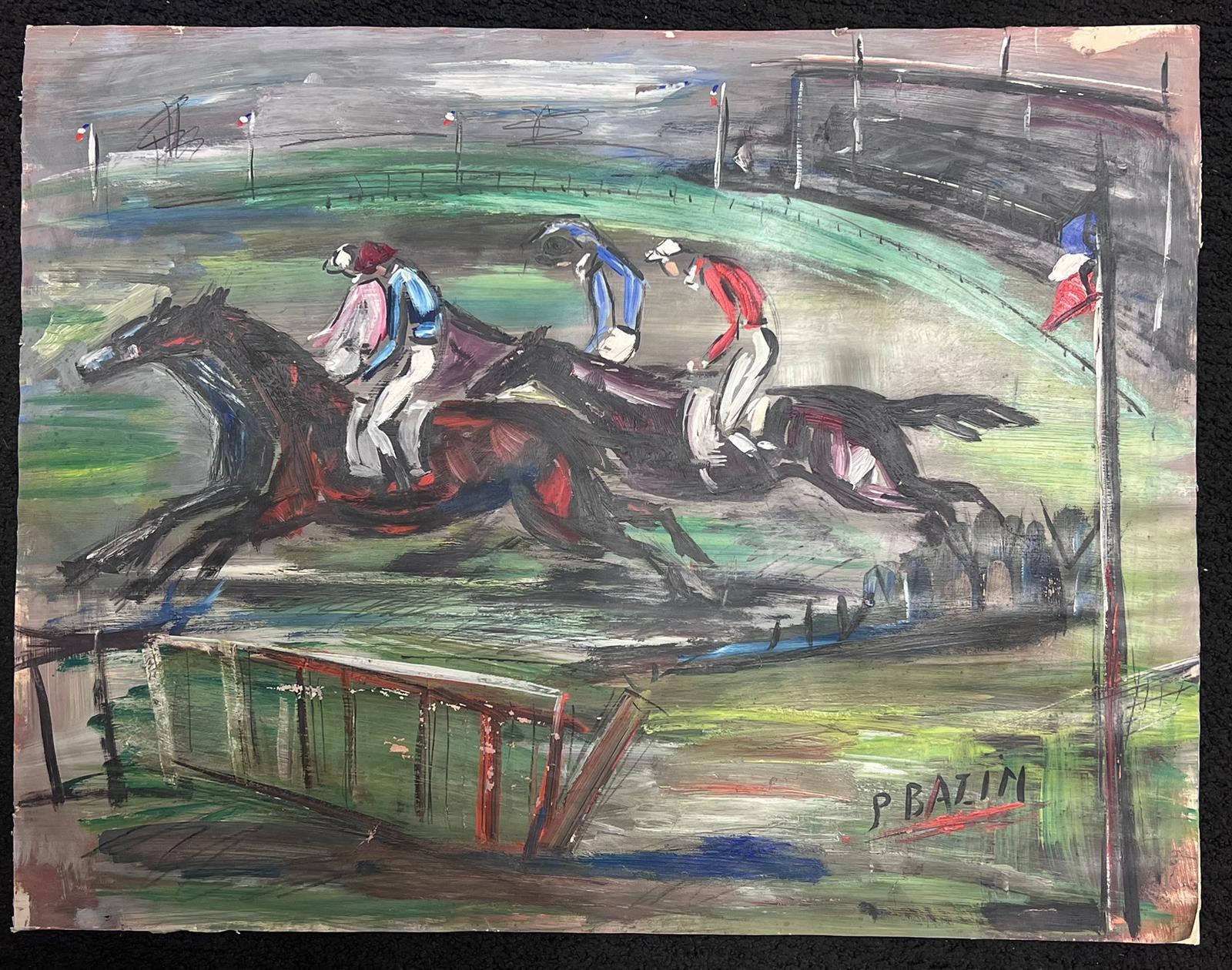 Large Mid Century French Expressionist Signed Oil Horse Racing Scene - Painting by French Mid Century 