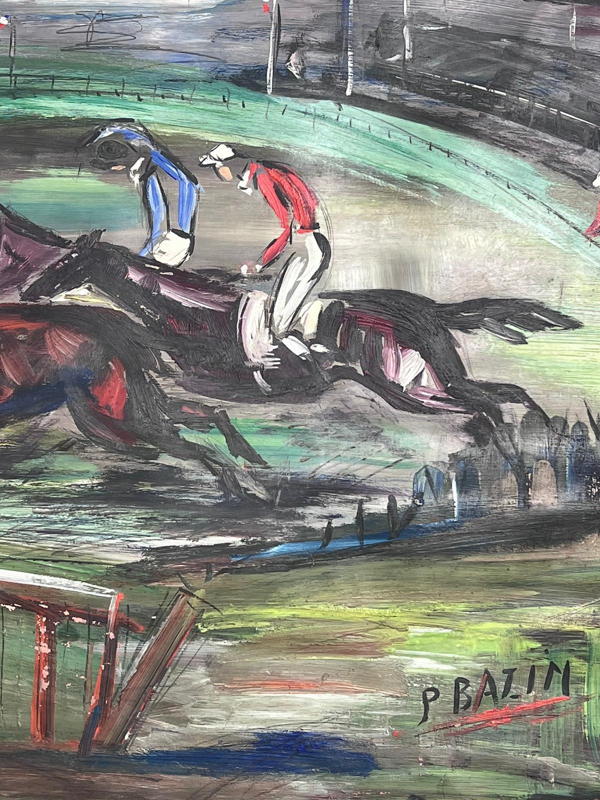 Large Mid Century French Expressionist Signed Oil Horse Racing Scene - Gray Figurative Painting by French Mid Century 