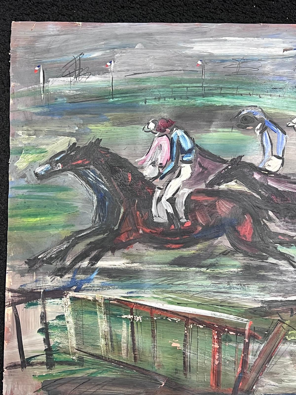 Large Mid Century French Expressionist Signed Oil Horse Racing Scene For Sale 2
