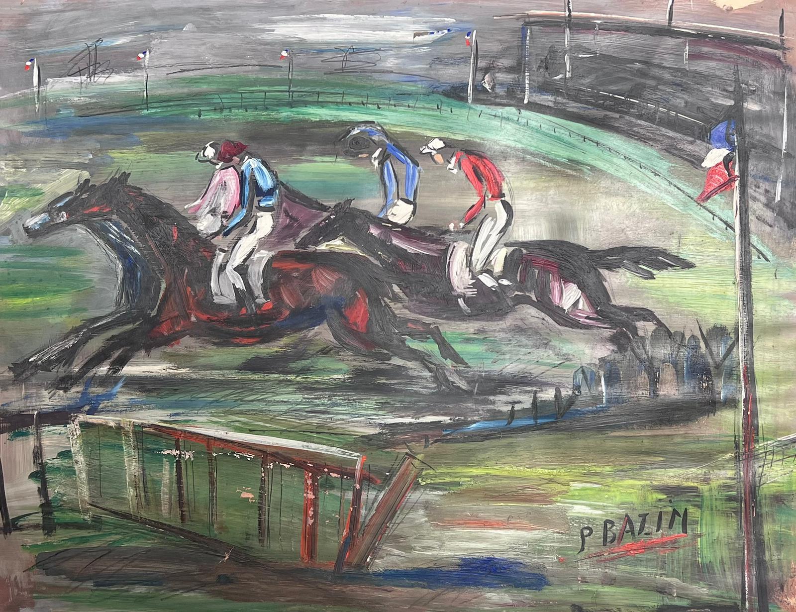 French Mid Century  Figurative Painting - Large Mid Century French Expressionist Signed Oil Horse Racing Scene
