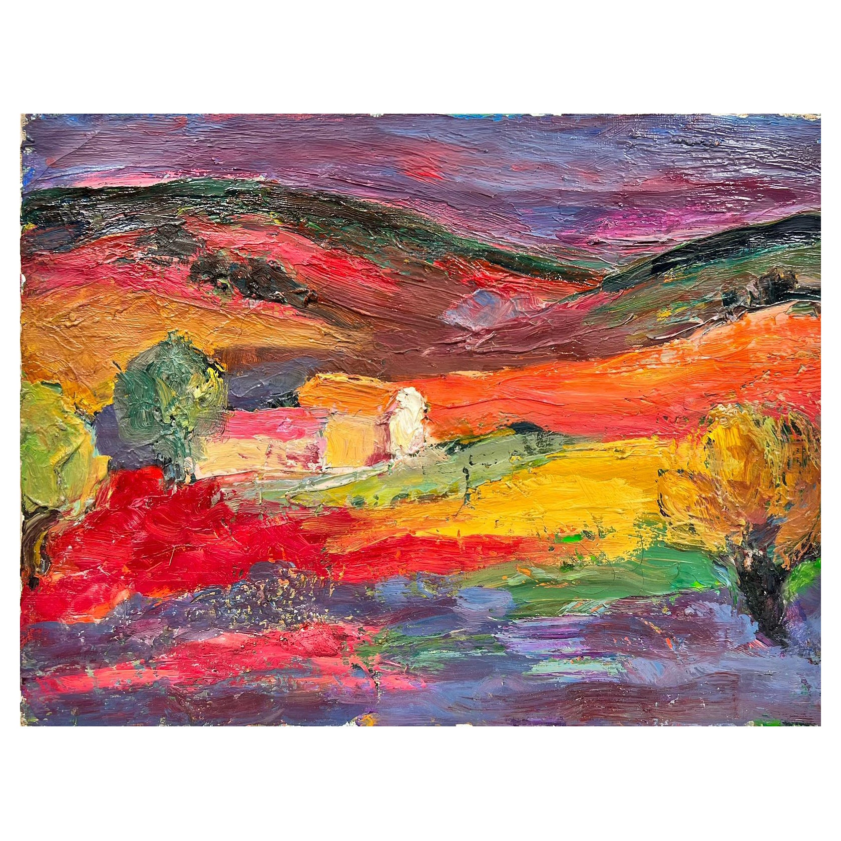 French Mid Century  Landscape Painting - Mid 20th Century French Expressionist Oil Provence Purple Orange Gold Yellow