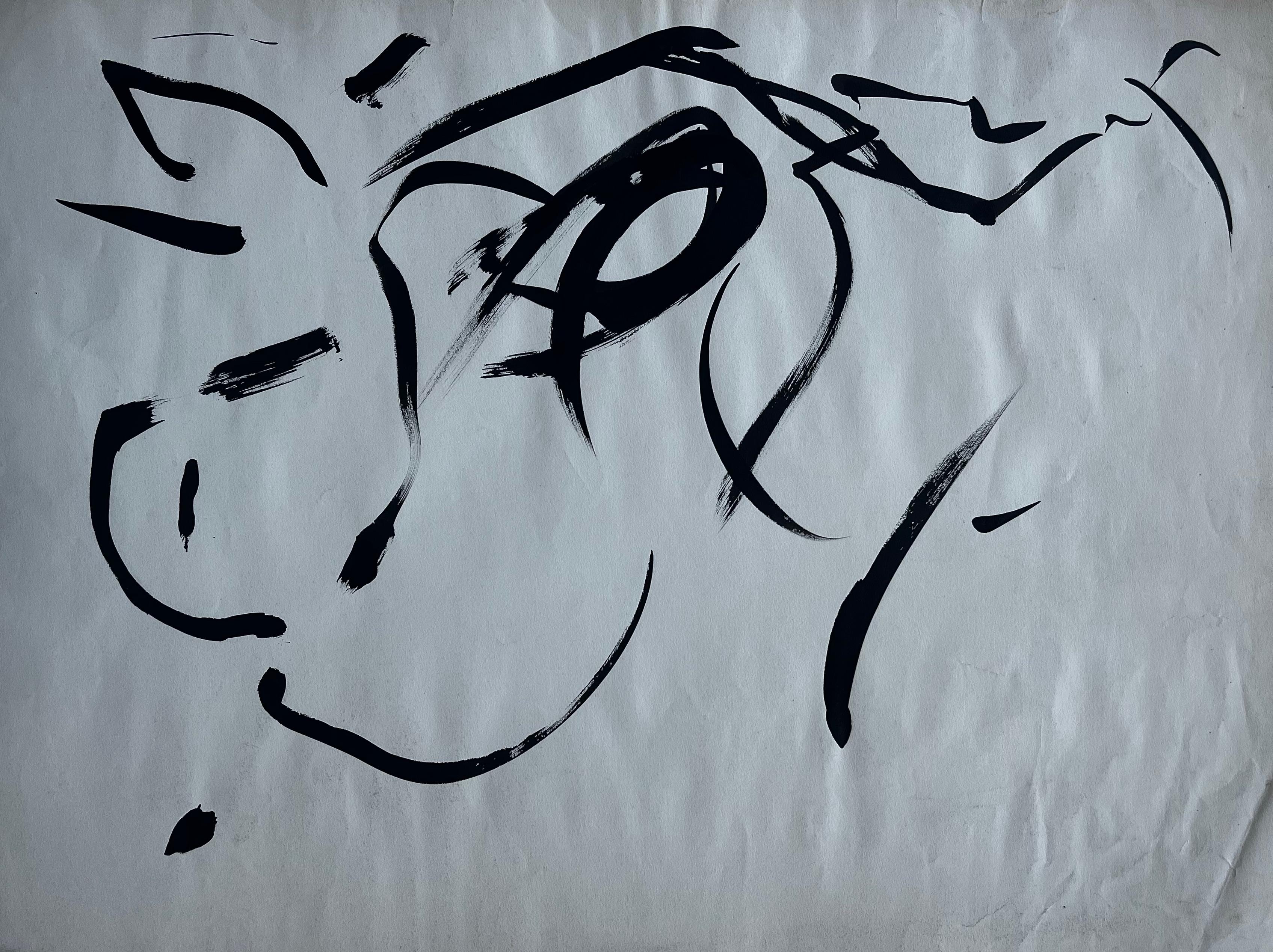 French Mid Century  Abstract Painting - Mid Century French Abstract Expressionist Black Ink Calligraphic Painting