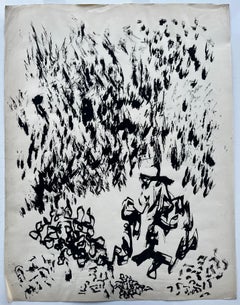 Mid Century French Abstract Expressionist Black Ink Gestural Painting