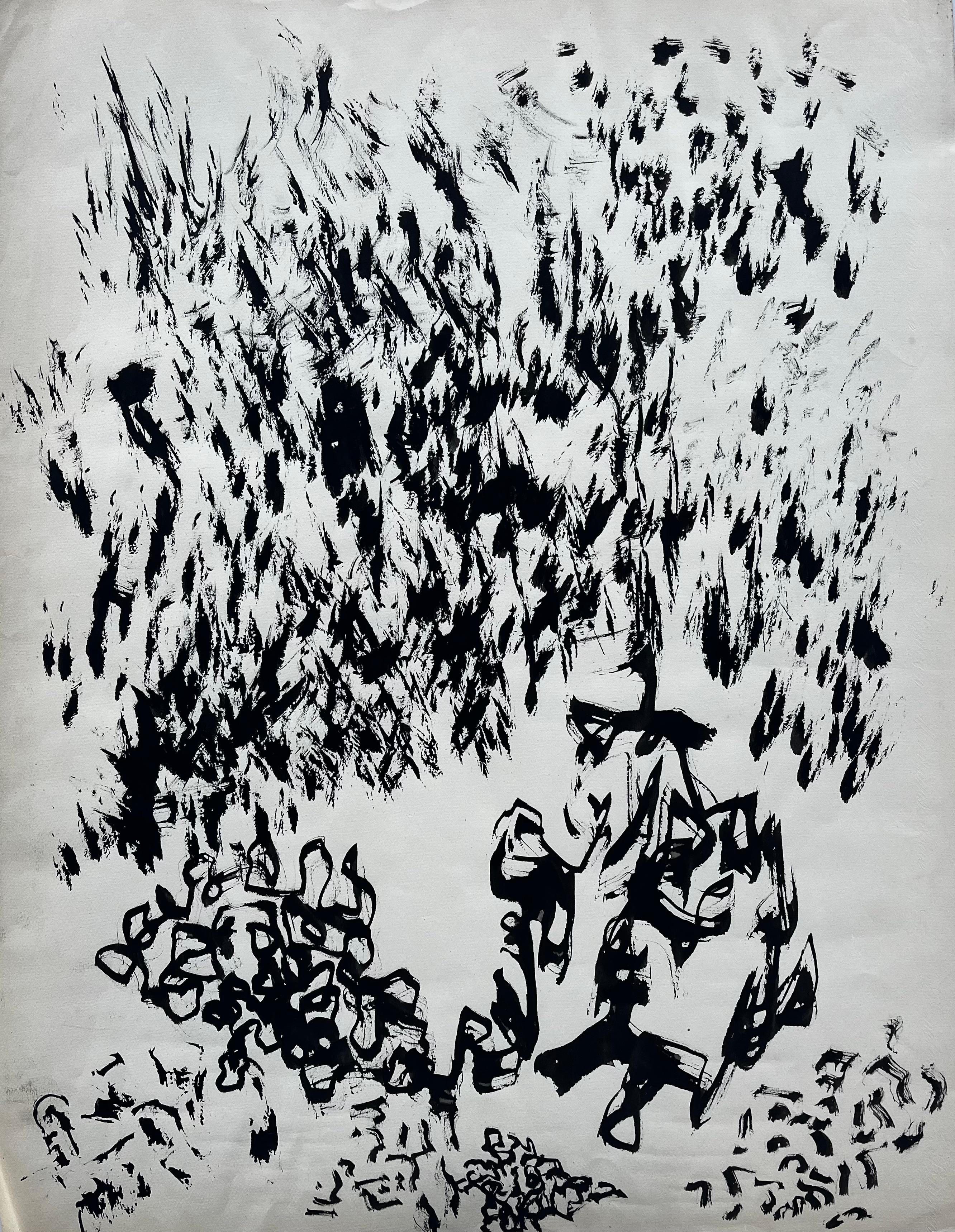 Mid Century French Abstract Expressionist Black Ink Gestural Painting