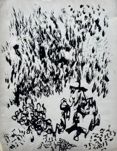 Mid Century French Abstract Expressionist Black Ink Gestural Painting