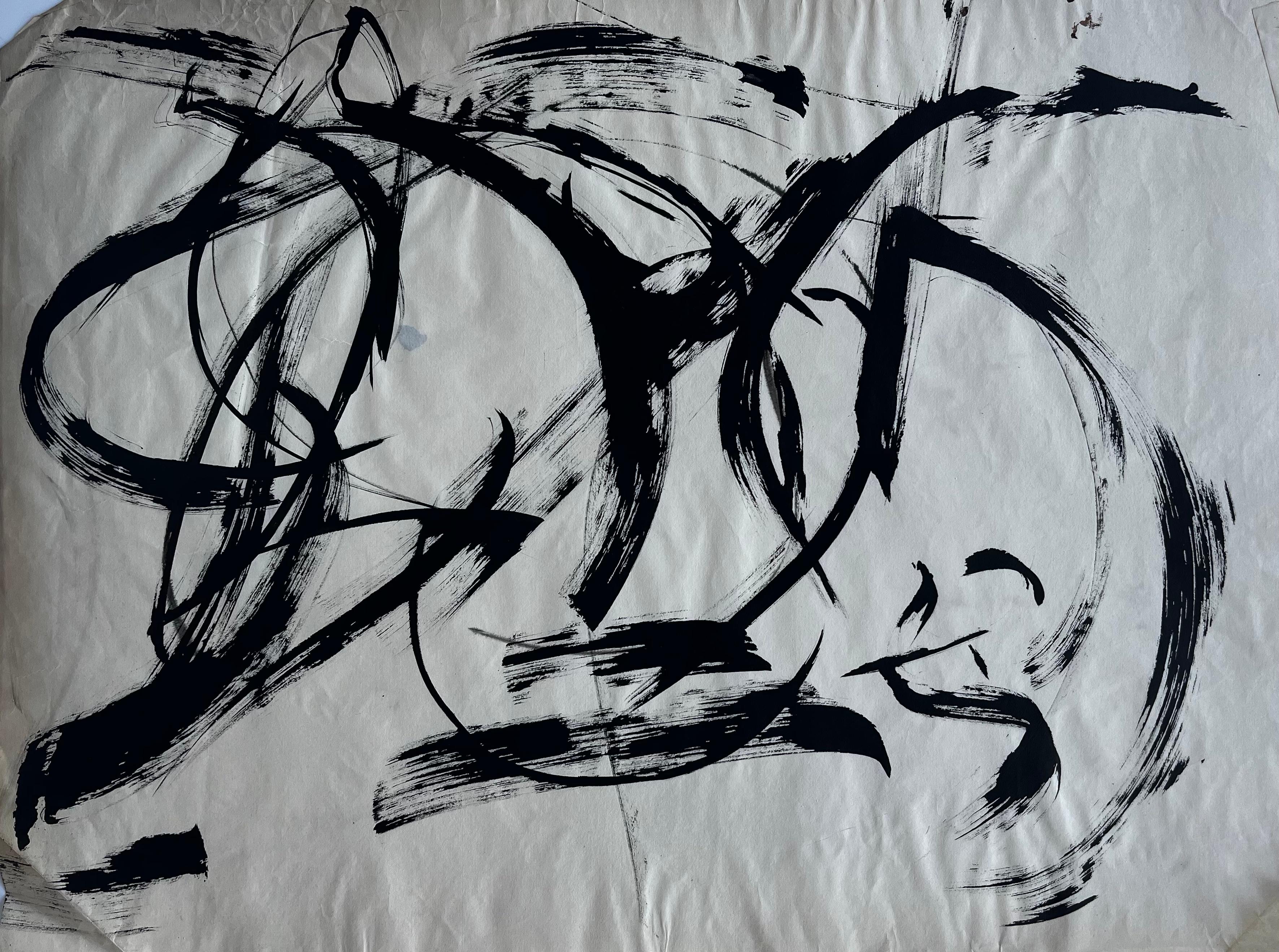 French Mid Century  Abstract Drawing - Mid Century French Abstract Expressionist Black Ink Gestural Painting