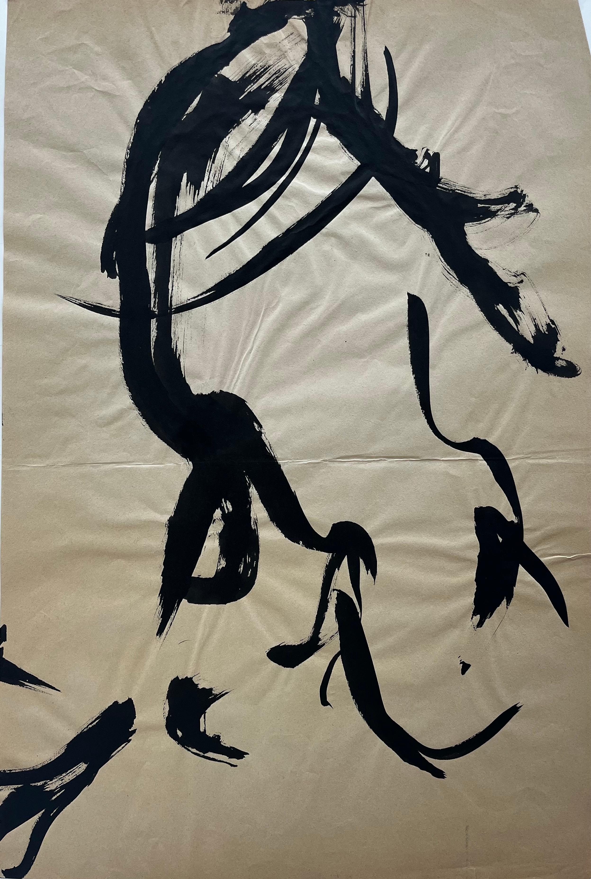 Abstract Drawing French Mid Century  - Peinture expressionniste abstraite à l'encre noire du milieu du siècle dernier
