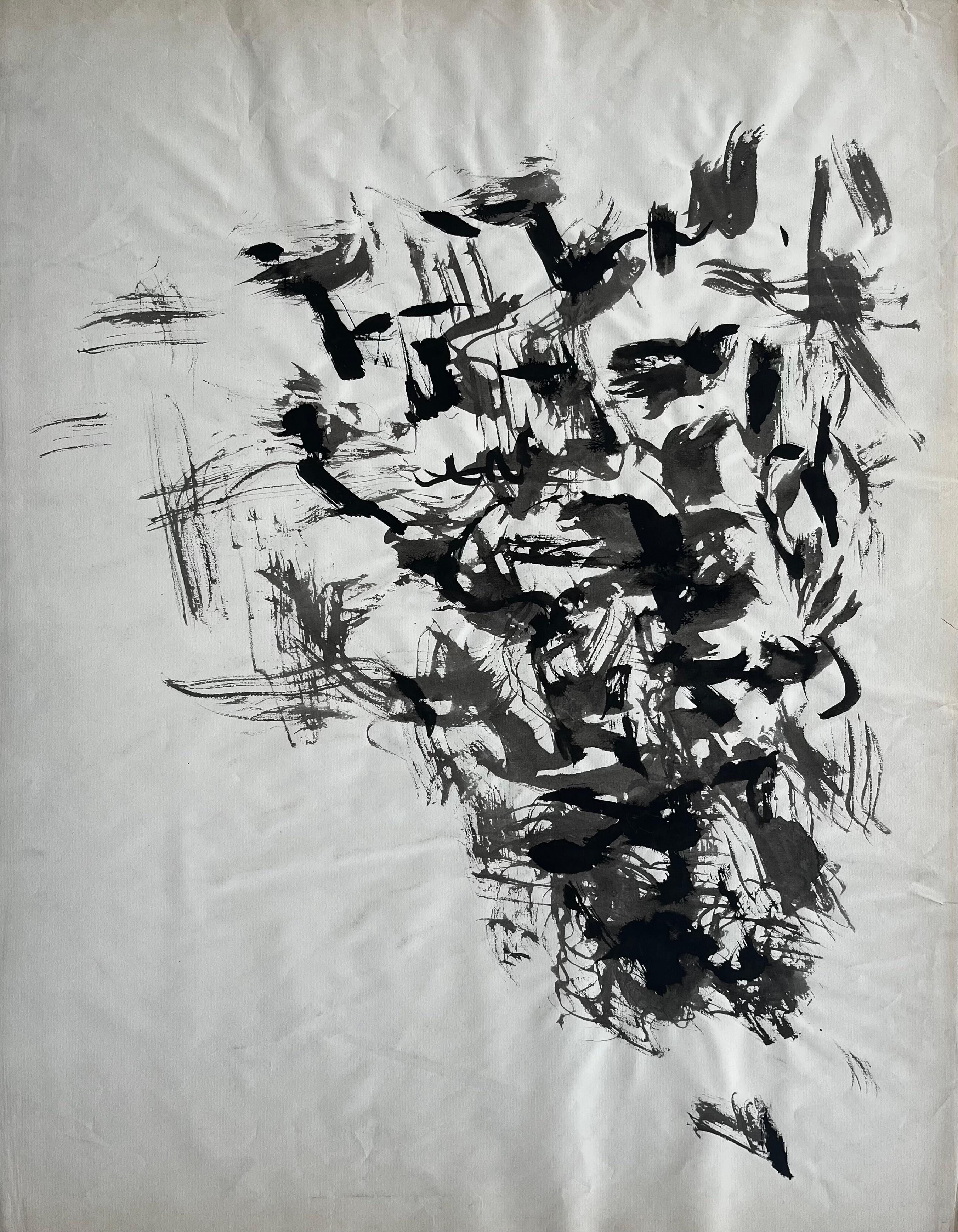 Mid Century French Abstract Expressionist Ink Wash Gestural Painting