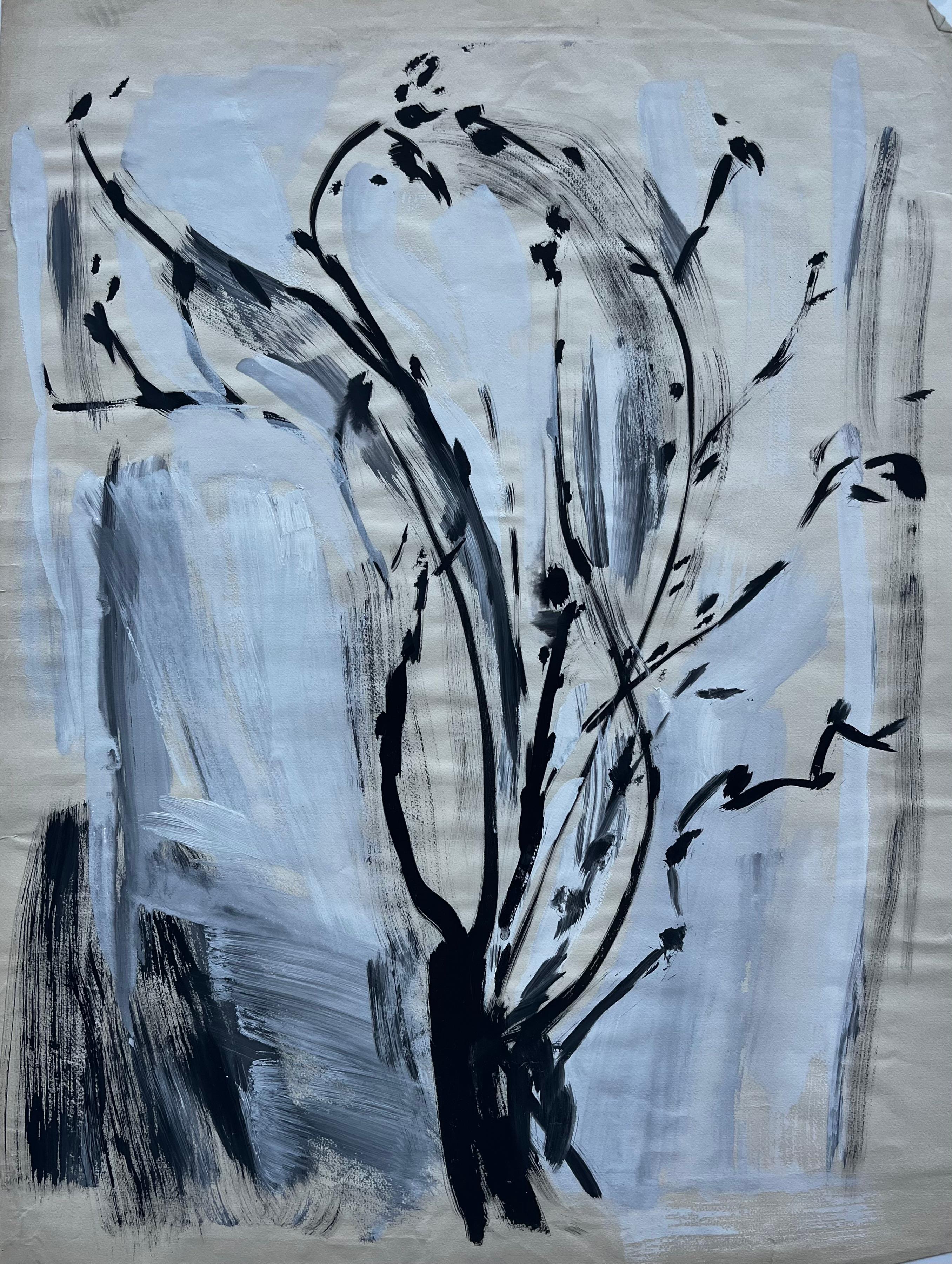 Mid Century French Abstract Tree Expressionist Ink Gouache Painting