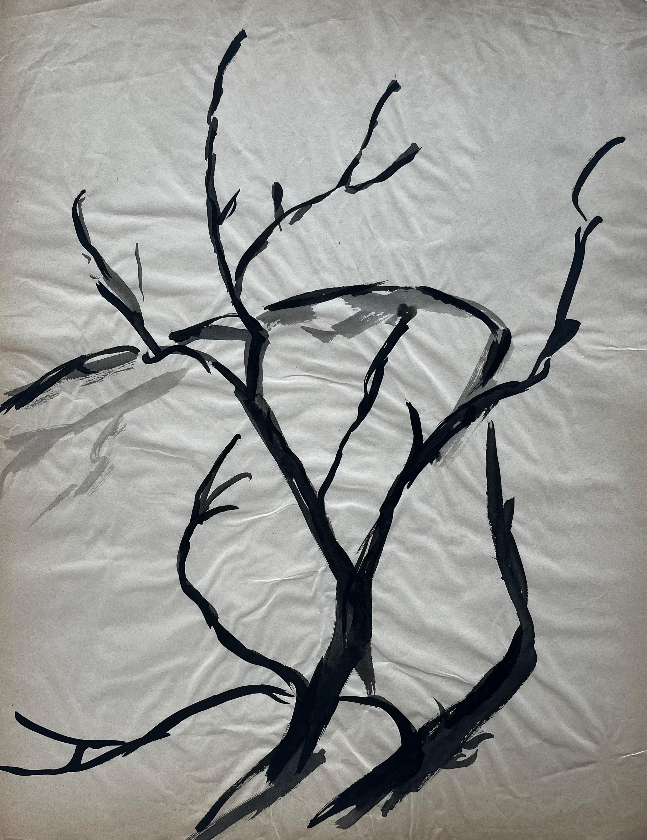Mid Century French Abstract Tree Expressionist Ink Wash Painting