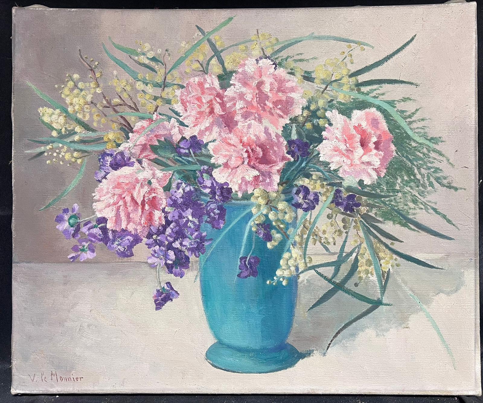Pink Flowers in Blue Turquoise Vase Signed 1950's Oil on Canvas - Painting by French Mid Century 
