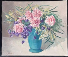 Pink Flowers in Blue Turquoise Vase Signed 1950's Oil on Canvas