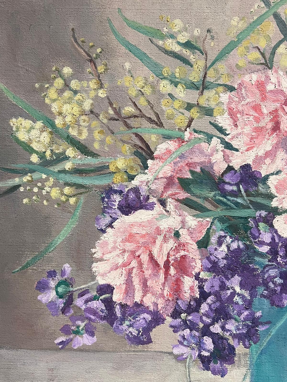 Pink Flowers in Blue Turquoise Vase Signed 1950's Oil on Canvas - Gray Still-Life Painting by French Mid Century 