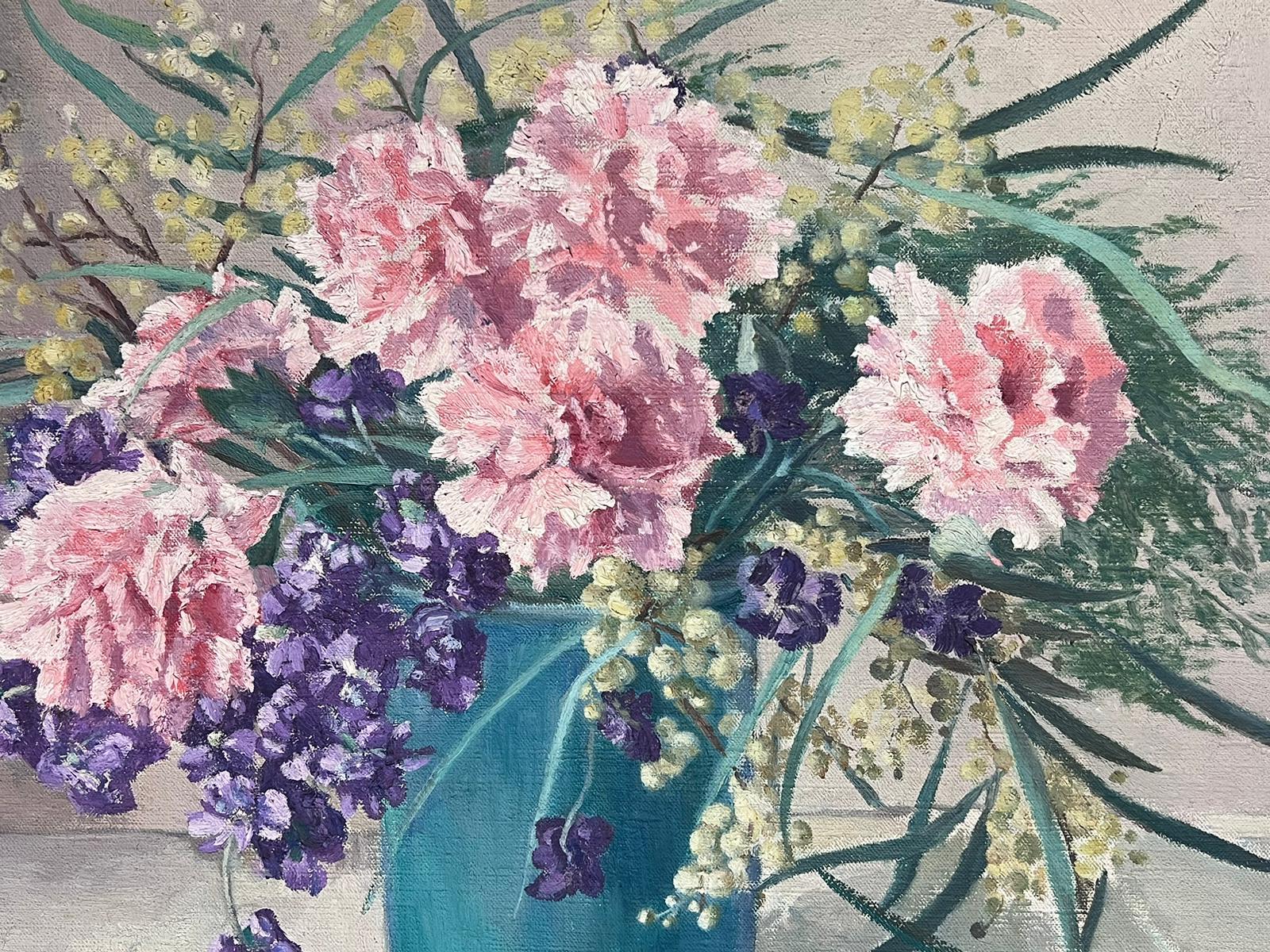 Pink Flowers in Blue Turquoise Vase Signed 1950's Oil on Canvas For Sale 1