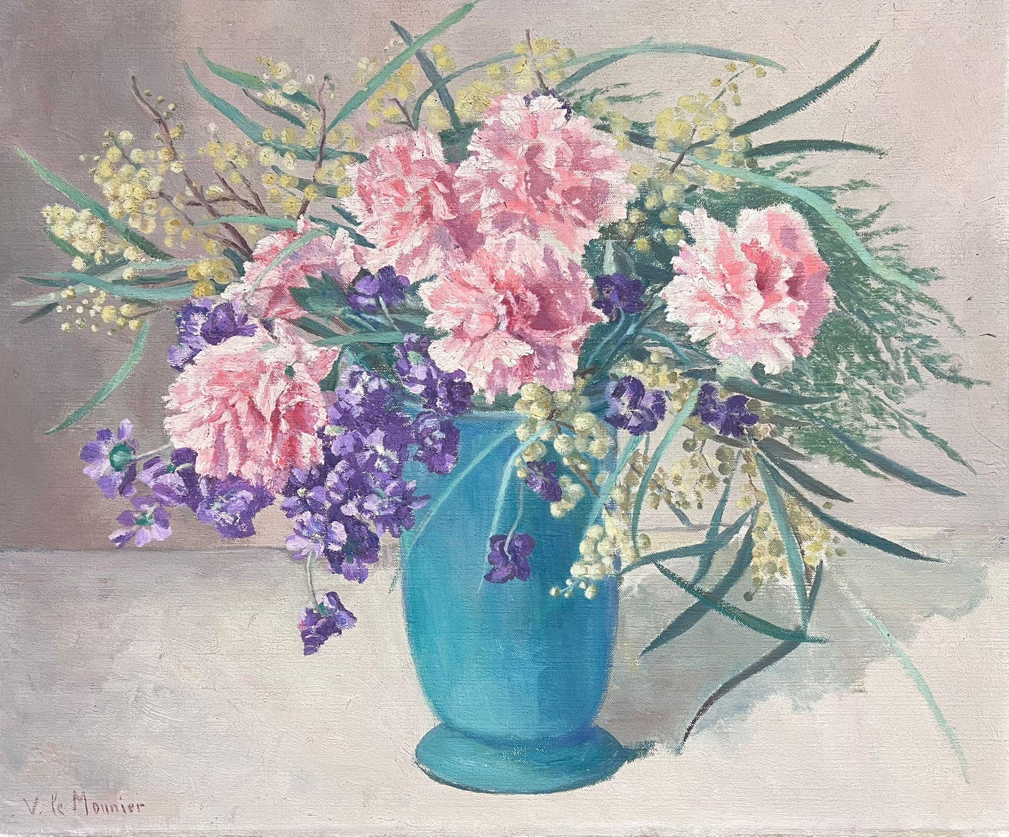 French Mid Century  Interior Painting - Pink Flowers in Blue Turquoise Vase Signed 1950's Oil on Canvas