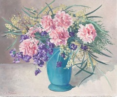 Pink Flowers in Blue Turquoise Vase Signed 1950's Oil on Canvas