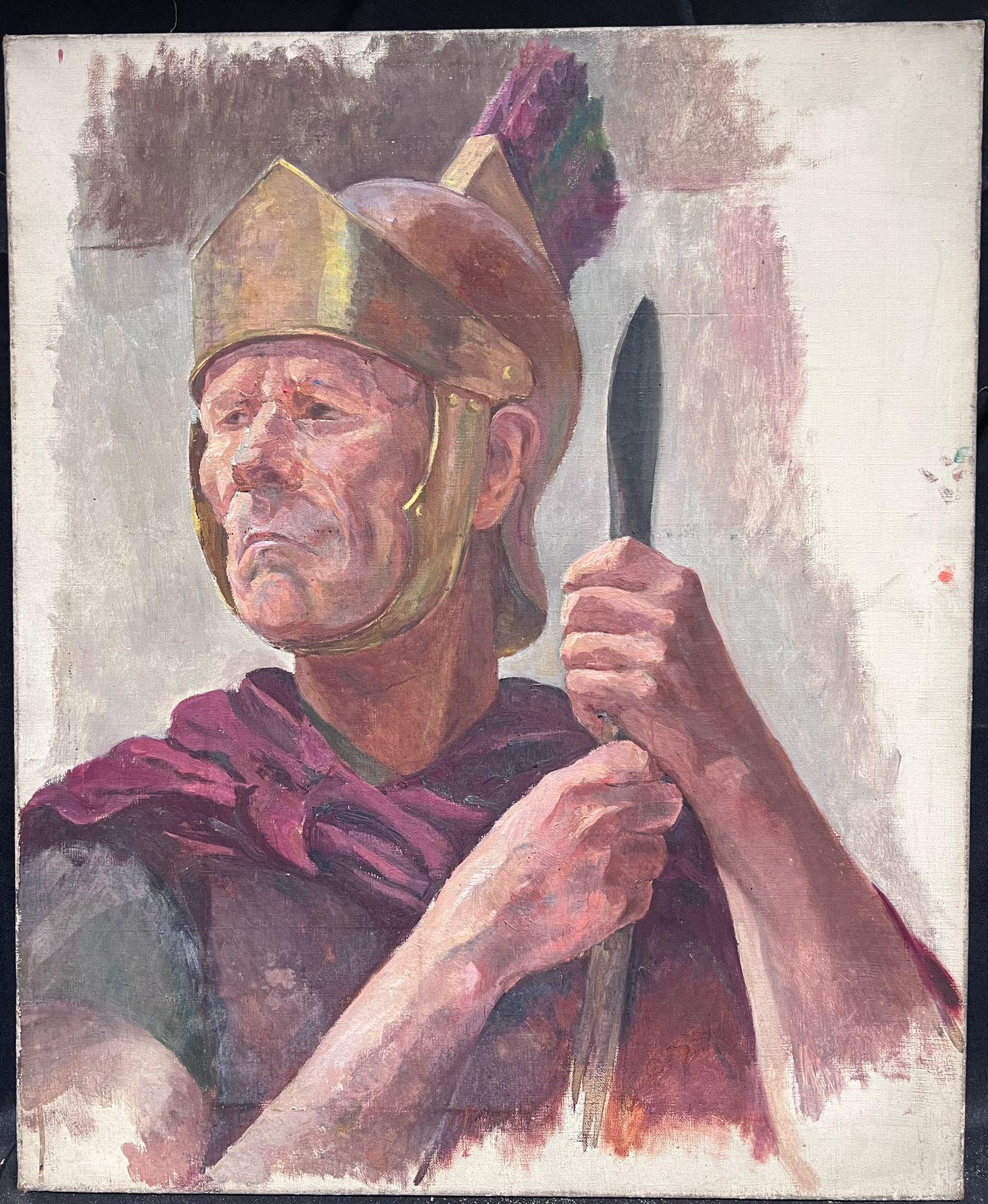 Portrait of a Roman Soldier in Head Gear and with Spear 1950's French Oil Paint - Painting by French Mid Century 