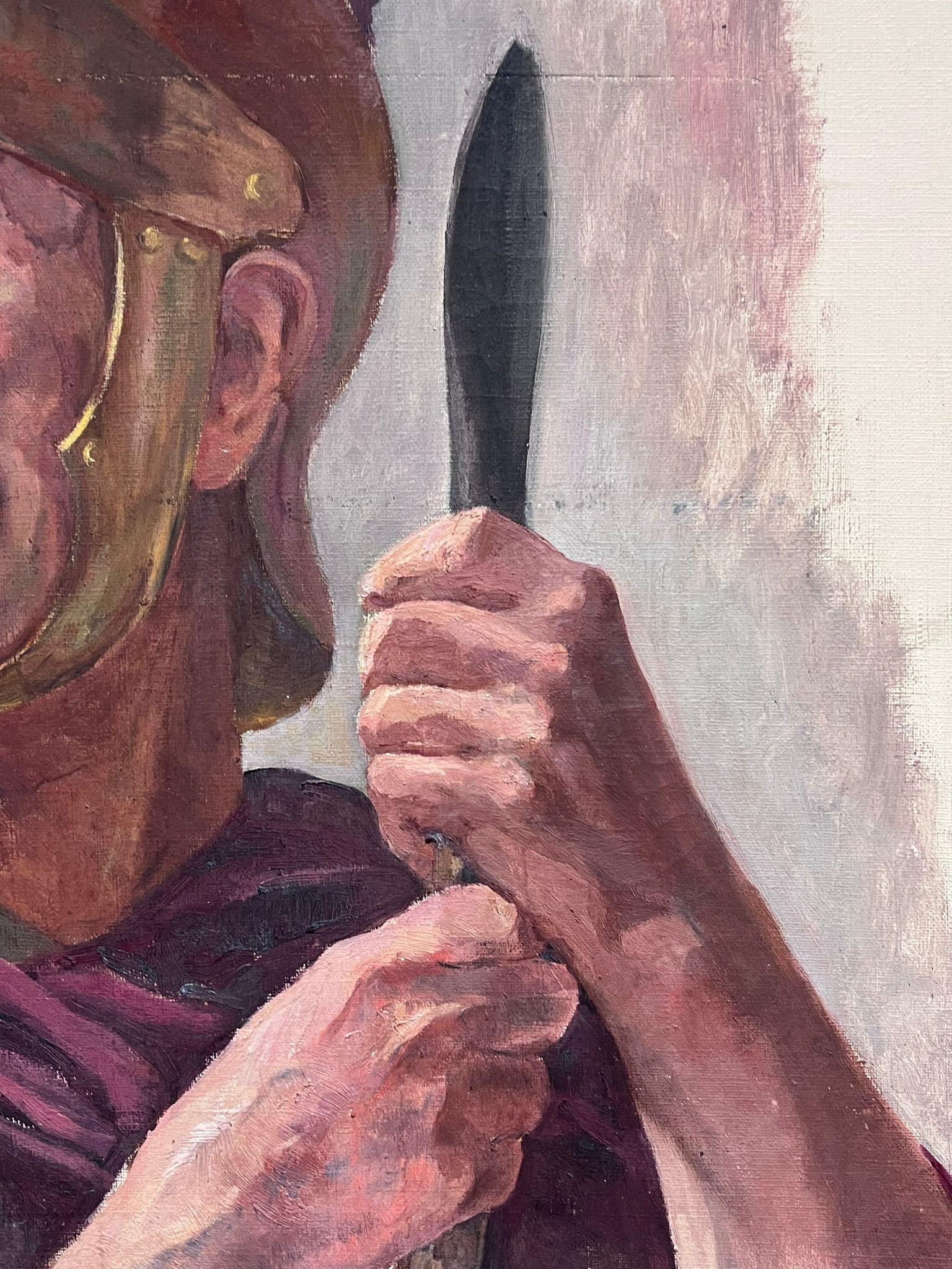 Retrato de un soldado romano con casco y lanza Pintura al óleo francesa de los años 50 - Painting Impresionista de French Mid Century 