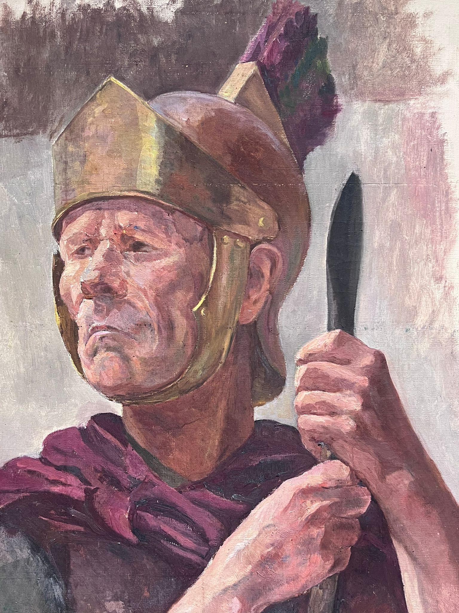Portrait of a Roman Soldier in Head Gear and with Spear 1950's French Oil Paint - Brown Figurative Painting by French Mid Century 