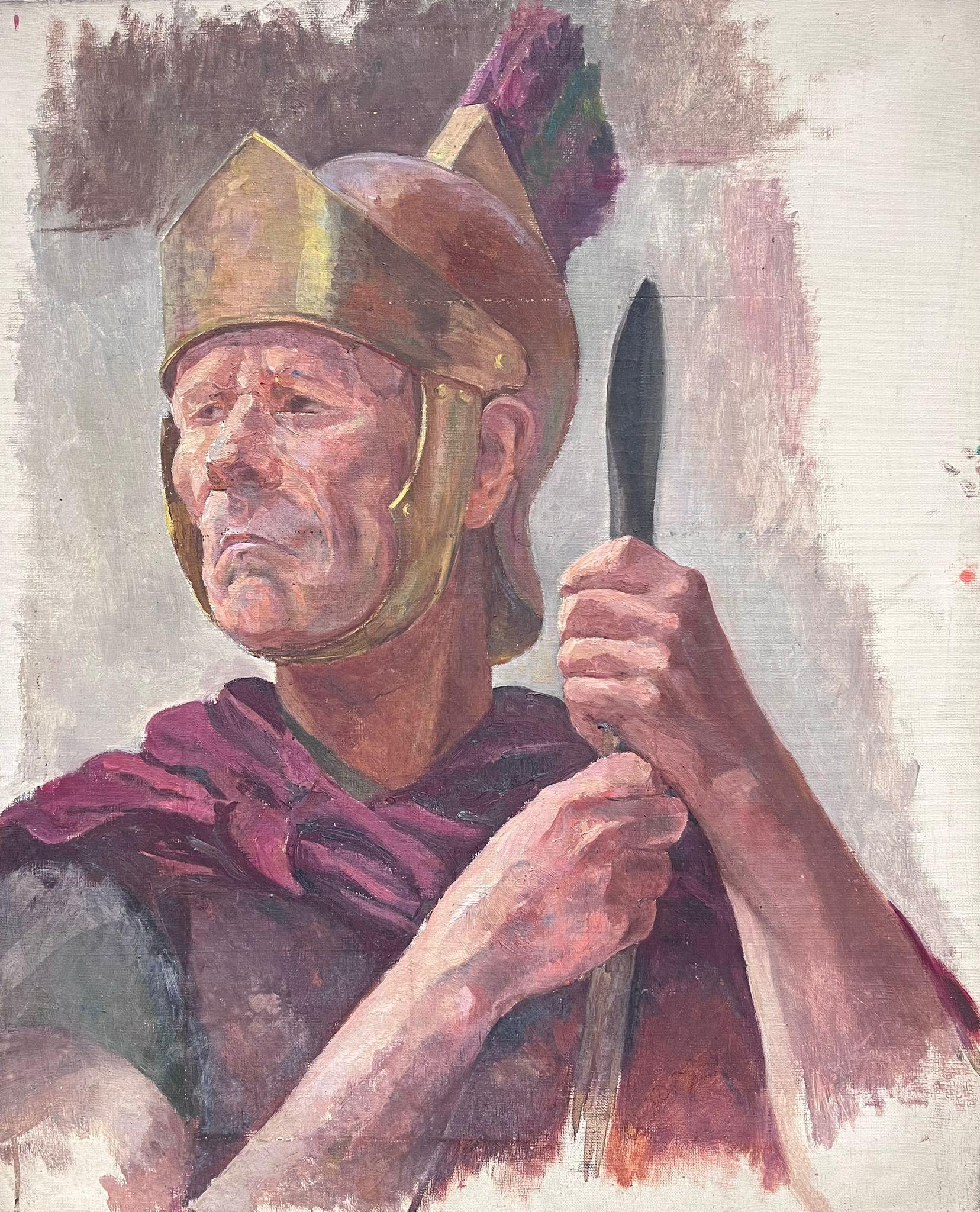 French Mid Century  Figurative Painting – Porträt eines römischen Soldaten in Kopfbedeckung und mit Speer 1950er Jahre Französische Ölmalerei