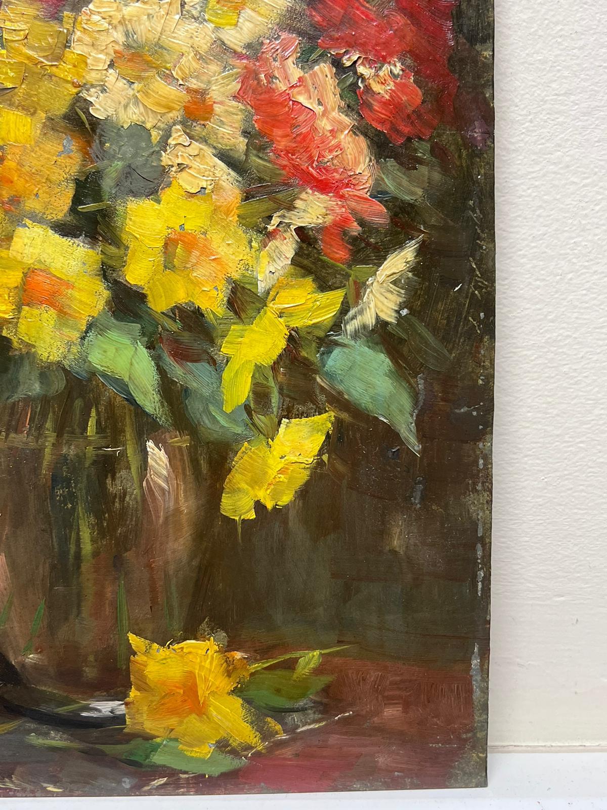 Red & Yellow Flowers in Vase Signed French Impressionist 1950's Oil Painting  For Sale 1