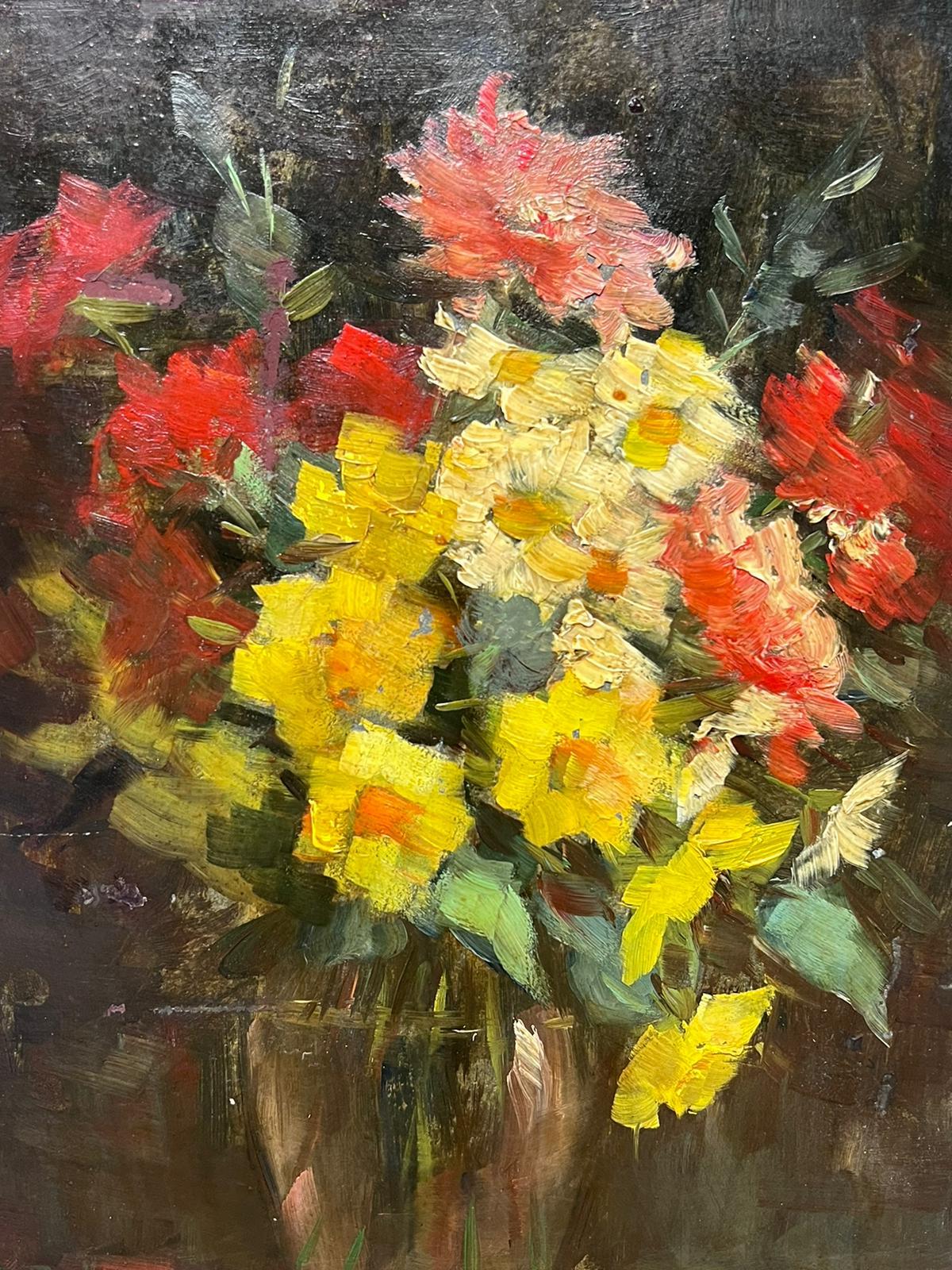 Red & Yellow Flowers in Vase Signed French Impressionist 1950's Oil Painting  For Sale 2