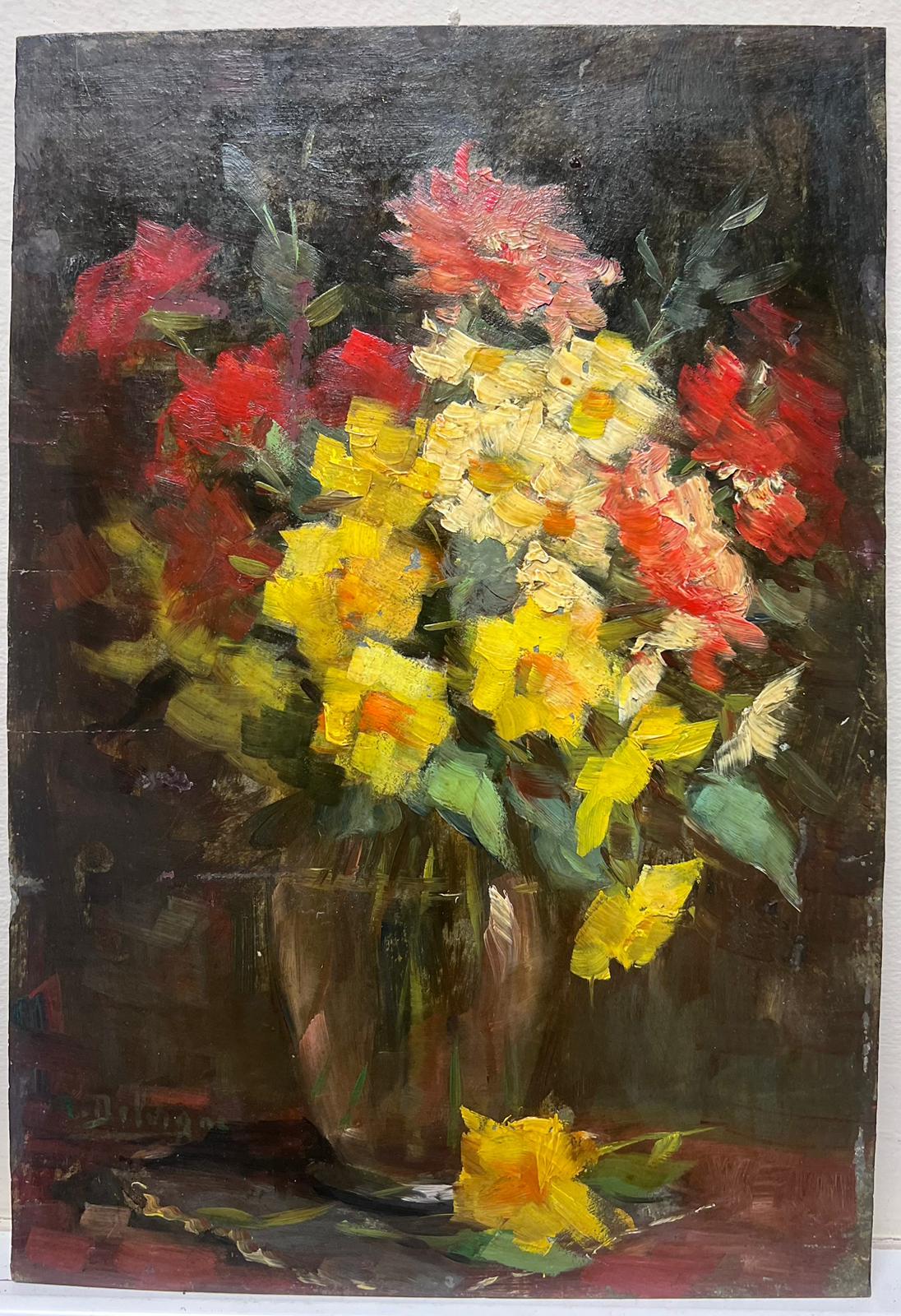 Red & Yellow Flowers in Vase Signed French Impressionist 1950's Oil Painting  For Sale 3