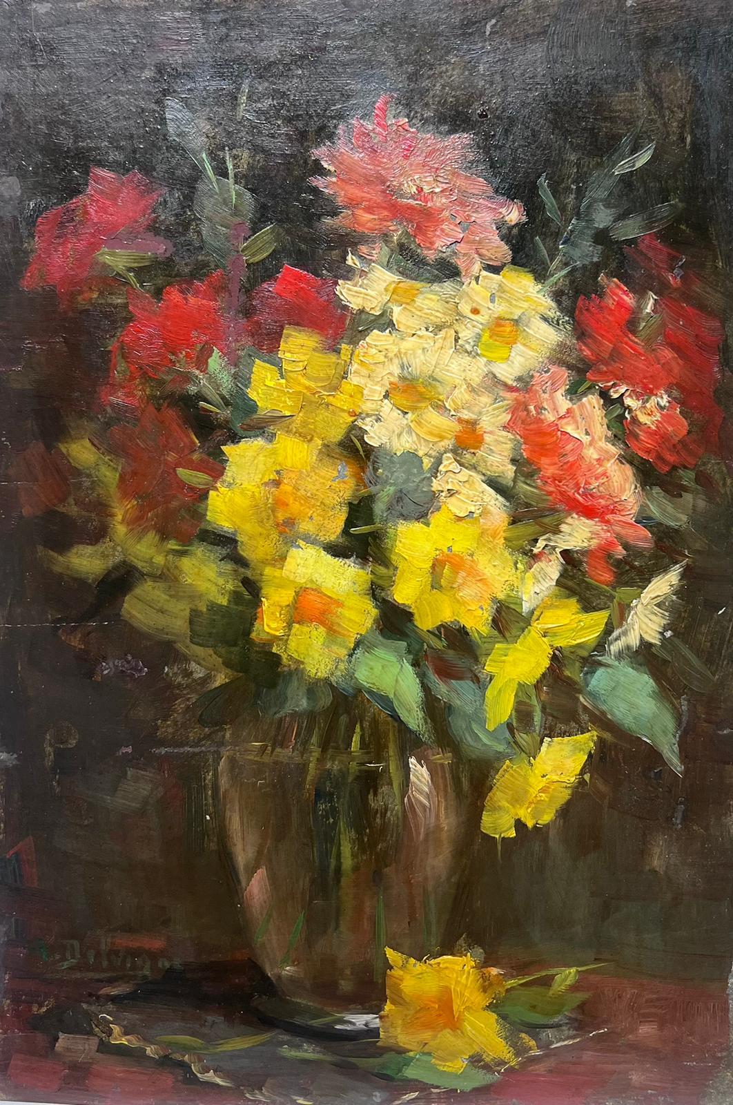Interior Painting de French Mid Century  - Flores rojas y amarillas en jarrón Pintura al óleo impresionista francesa firmada años 50