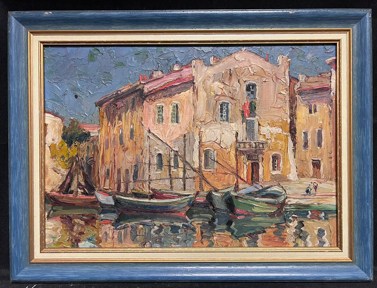 St Tropez Harbor Boats Moored Sleep Sunny French Old Town 1950's Impressionist - Brown Landscape Painting by French Mid Century 