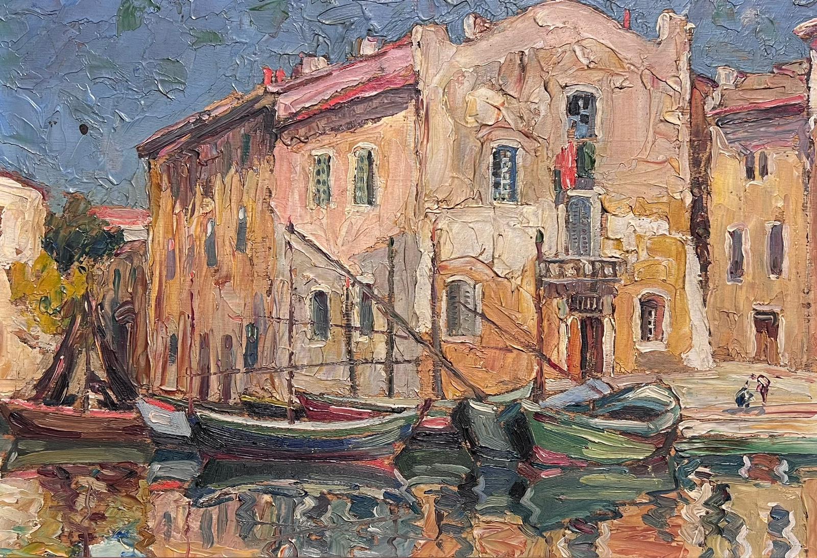 French Mid Century  Landscape Painting - St Tropez Harbor Boats Moored Sleep Sunny French Old Town 1950's Impressionist
