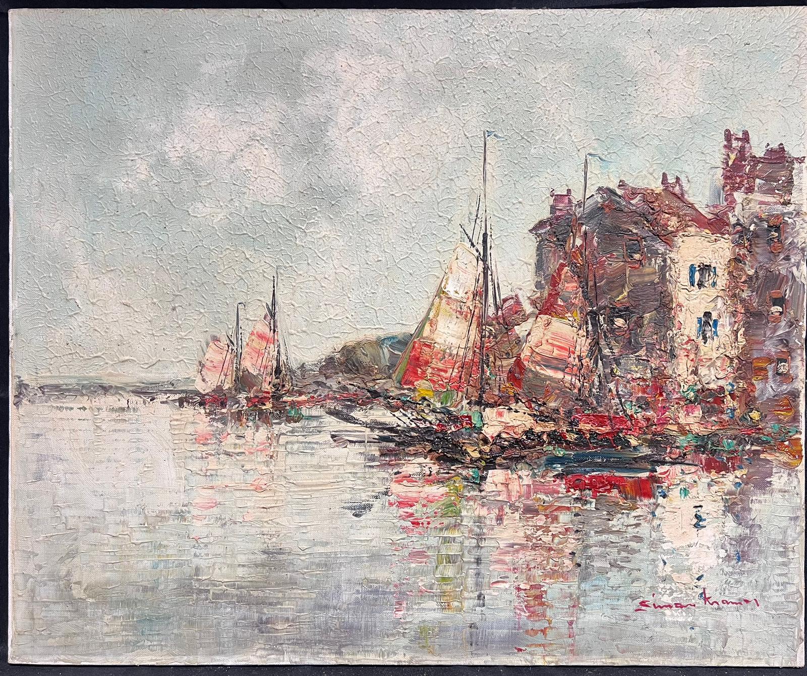 St Tropez Harbour Mid 20th Century French Post Impressionist Signed Oil Painting - Gray Landscape Painting by French Mid Century 