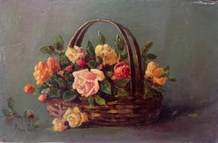 Vintage Still Life Roses in Wicker Basket Signed 1950's French Oil Painting
