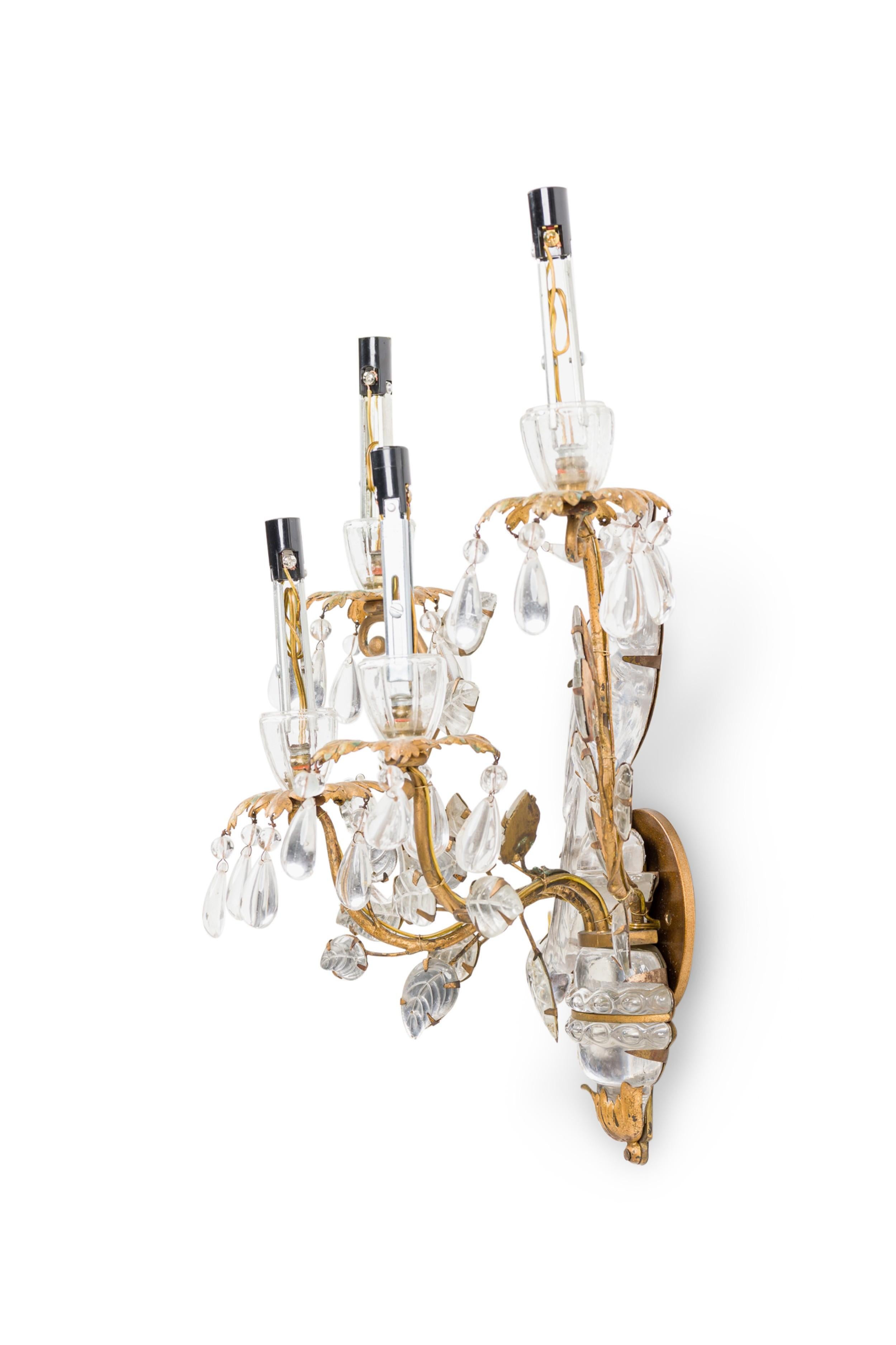 PAIR of French 1940s mirrored glass and gilt metal 4 scroll arm wall sconces with a bird perched on urn backplate with floral leaf decoration (att: BAGUES)(PRICED AS PAIR)