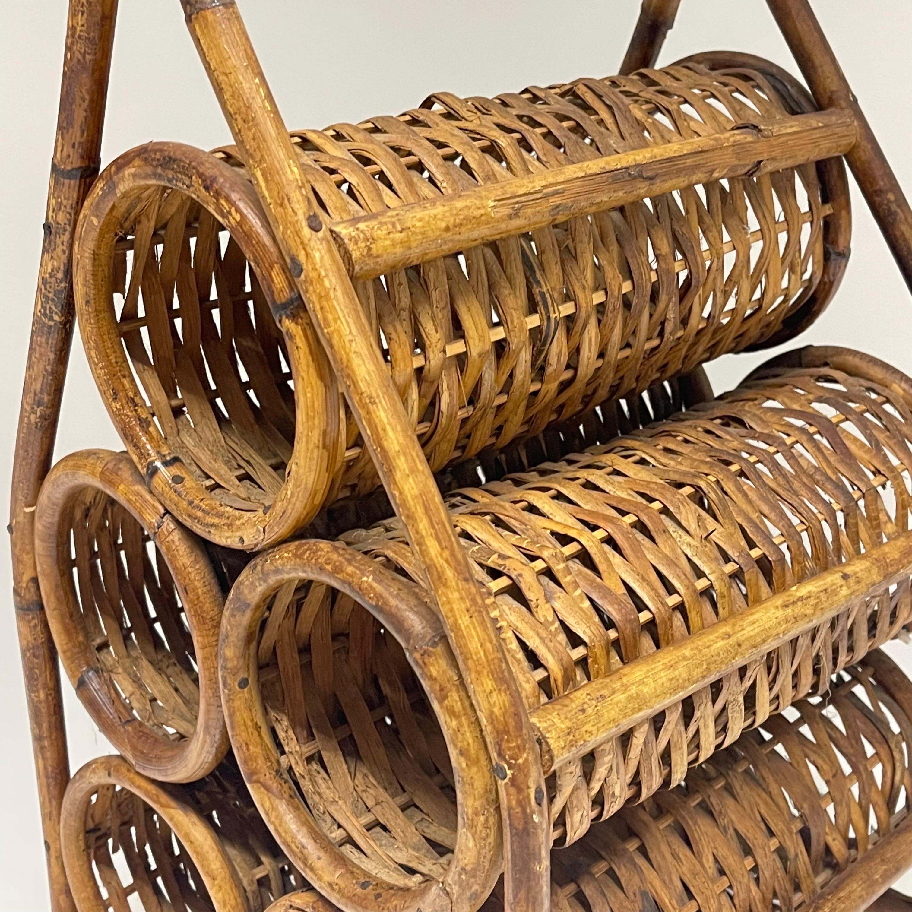 20th Century French Mid Century 5 Bottle Wicker Rattan and Bamboo Wine Holder or Rack For Sale