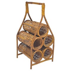 French Mid Century 5 Bottle Wicker Rattan and Bamboo Wine Holder or Rack