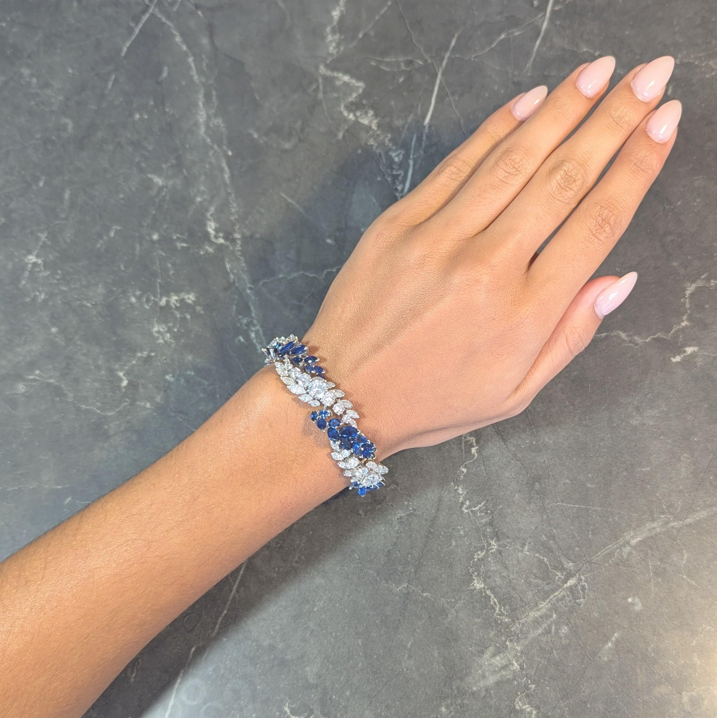 Marquise Cut French Mid-Century 51.70 CTW Sapphire Diamond Platinum Vintage Twist Bracelet