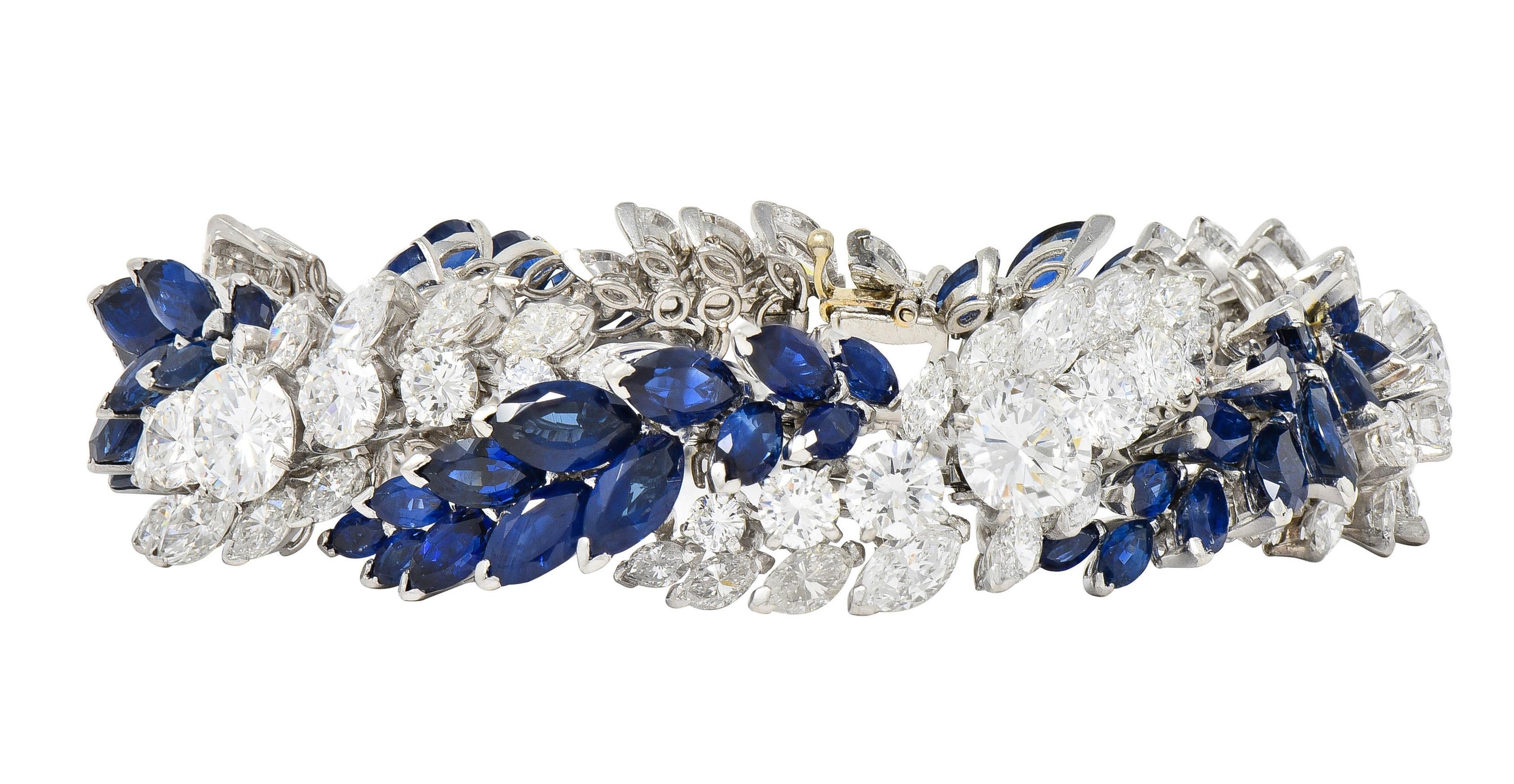 French Mid-Century 51.70 CTW Sapphire Diamond Platinum Vintage Twist Bracelet In Excellent Condition In Philadelphia, PA