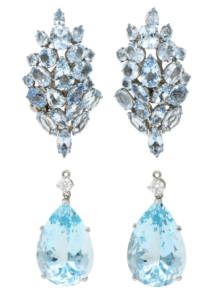 Pear Cut French Mid-Century 77.50 Carats Aquamarine Diamond 18 Karat Convertible Earrings