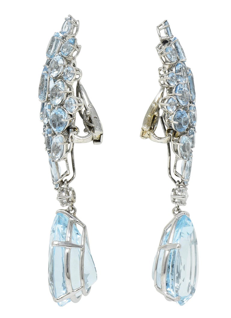 French Mid-Century 77.50 Carats Aquamarine Diamond 18 Karat Convertible Earrings In Excellent Condition In Philadelphia, PA
