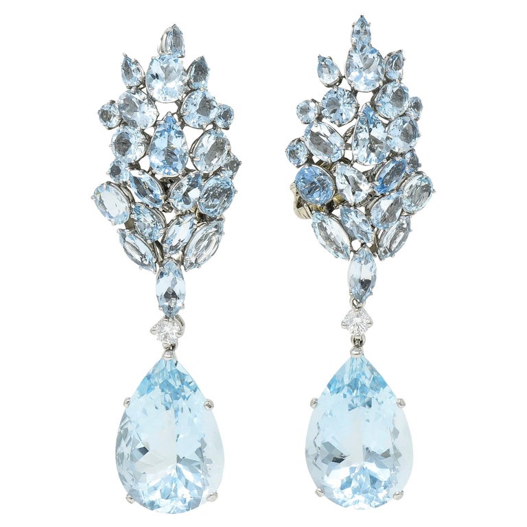 French Mid-Century 77.50 Carats Aquamarine Diamond 18 Karat Convertible Earrings