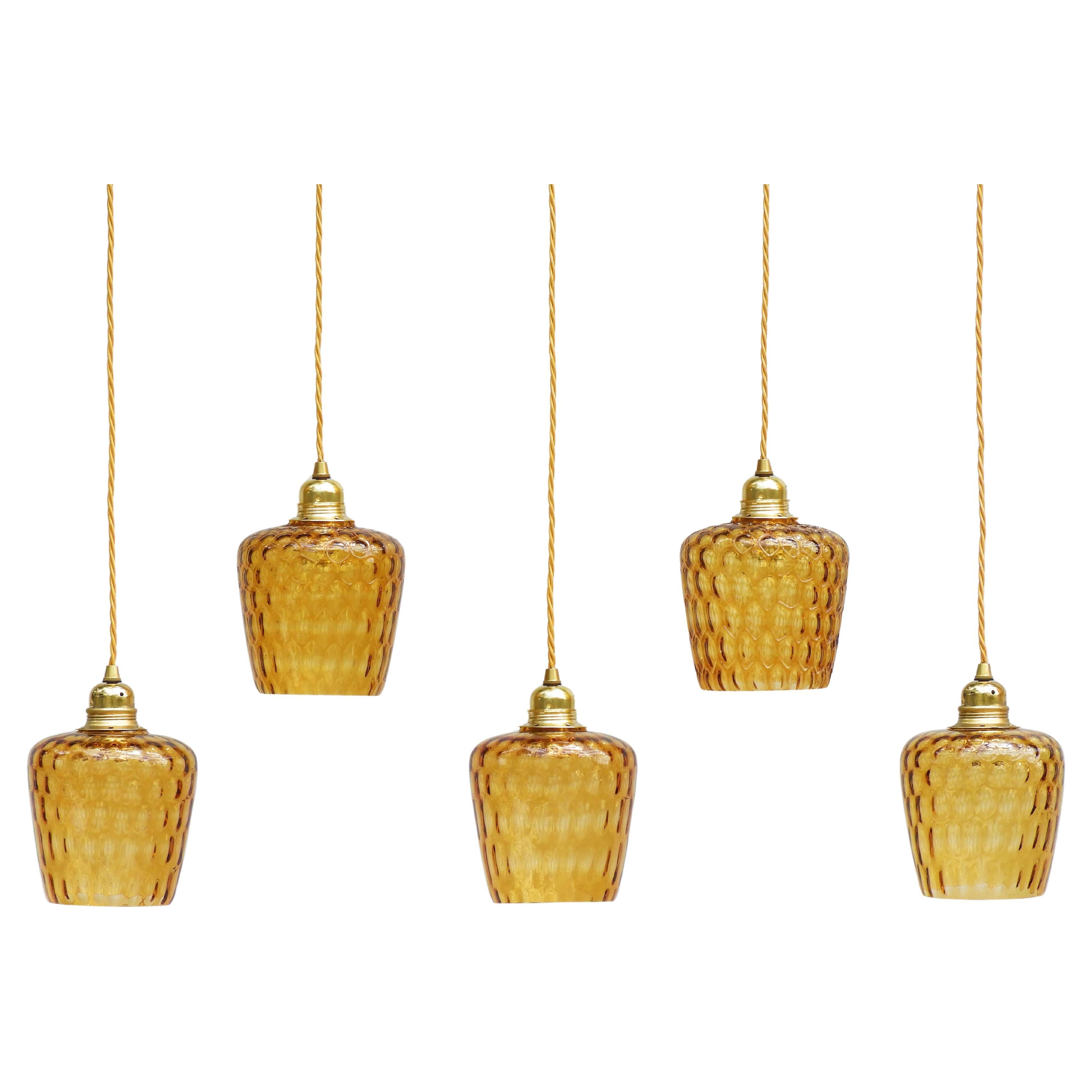 French Mid Century Amber Bubble Glass Pendant Lights C1960 For Sale